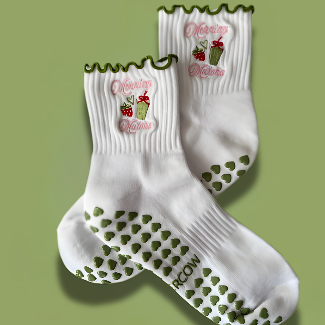 Morning Matcha Embroidered Pilates Socks